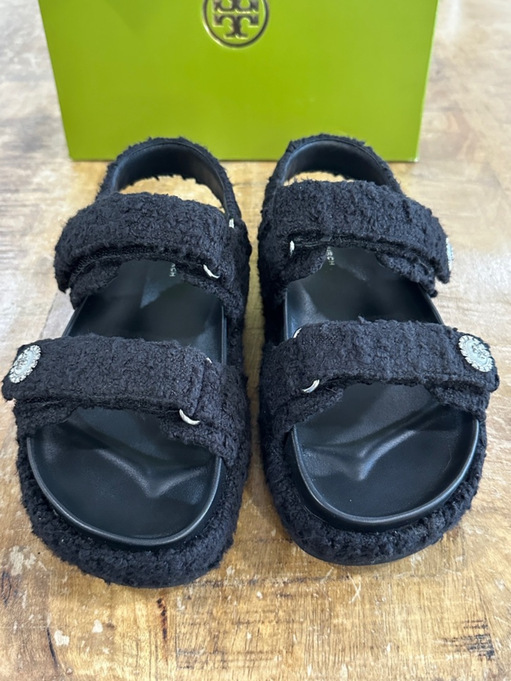 NWB Tory Burch Black Plush Logo Strap Sandals